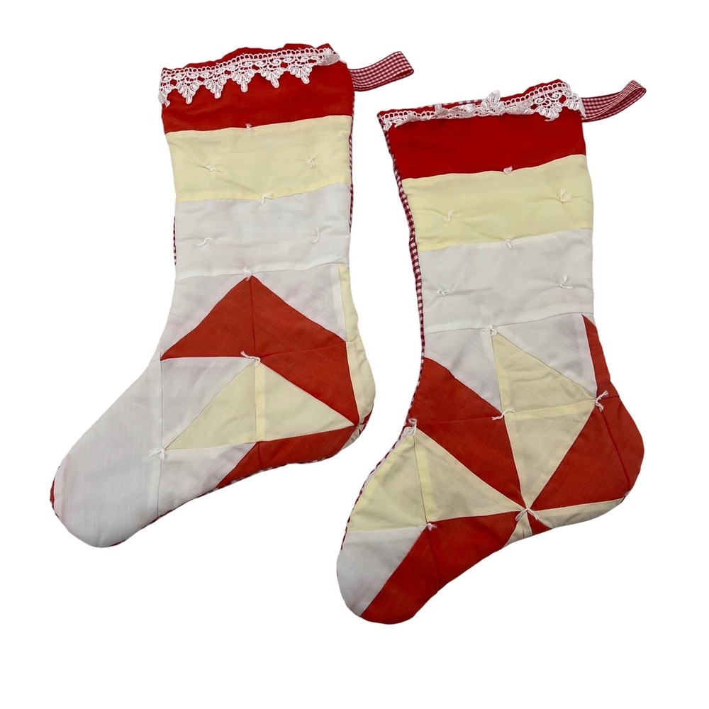 Patchwork Christmas Stockings Red White Yellow Quilted Gingham Holiday Decor Set